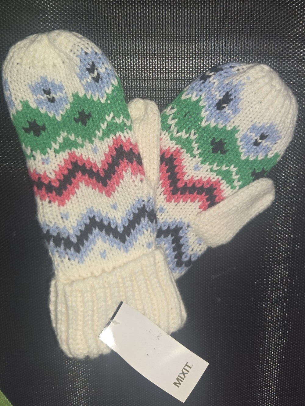 Mixit Cream Fair Isle Knit Mittens with Green and Pink Accents